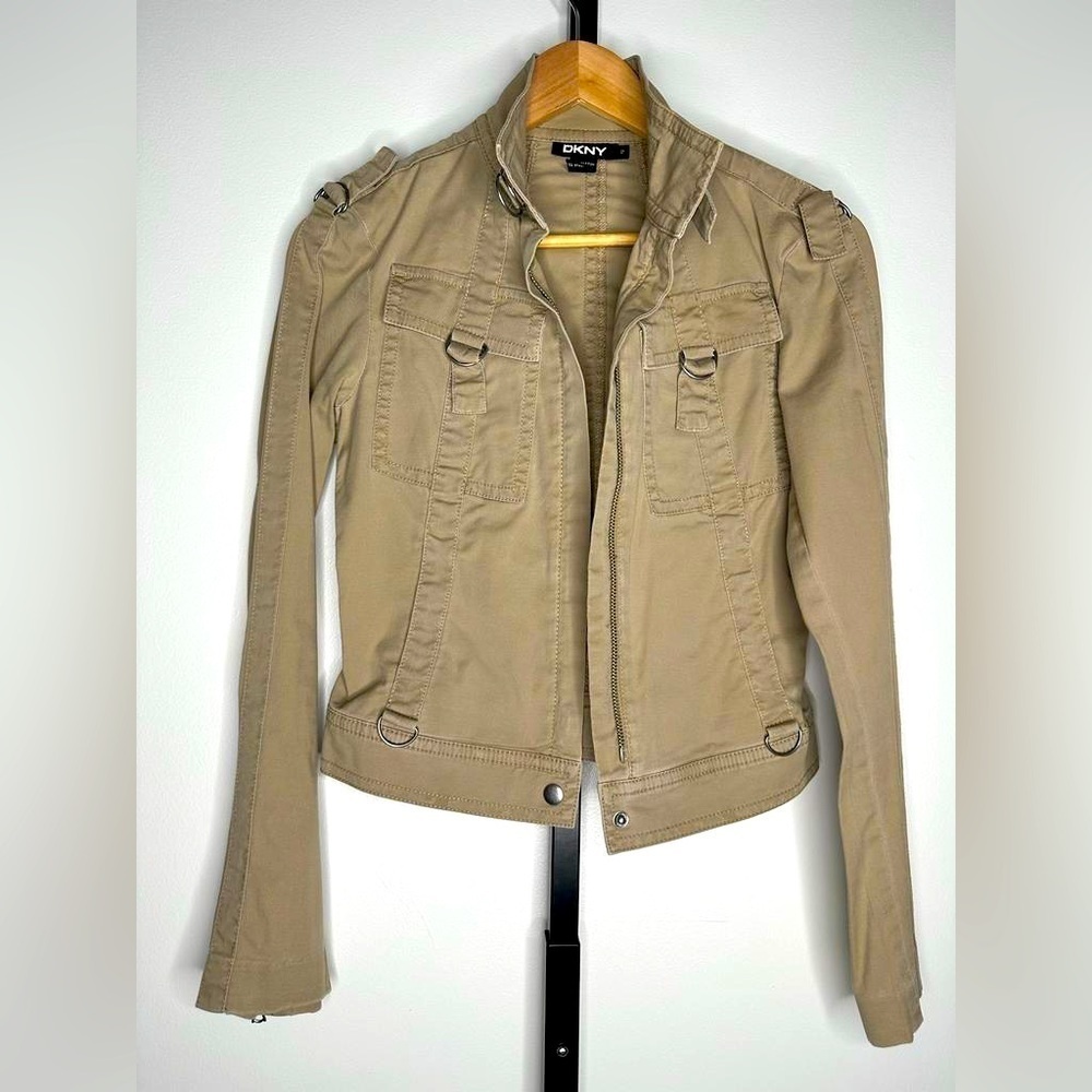 DKNY Beige Cotton Biker Hippie Jacket with Zip Sleeves - Size 2